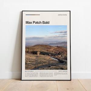 May include: A framed wall art print titled Max Patch Bald, featuring a photograph of a mountain landscape in North Carolina, United States. The print includes a color palette bar, the location name, and descriptive text about the mountain summit.