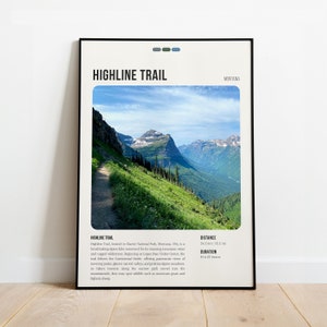 May include: A poster with a photo of a mountain trail in Glacier National Park, Montana. The poster has the text "Highline Trail" and information about the trail, including the distance (24.5 km / 15.2 mi) and duration (8 to 12 hours).