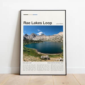 May include: A framed poster featuring a scenic view of Rae Lakes Loop in California. The image showcases a serene lake surrounded by mountains and lush greenery under a clear blue sky. The poster includes the text "Rae Lakes Loop" and "California".
