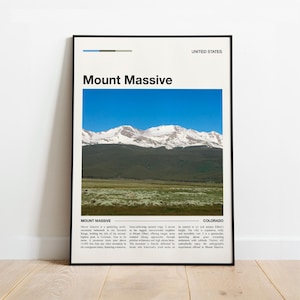May include: A framed poster featuring a scenic view of Mount Massive in Colorado, USA, under a clear blue sky. The mountain range is covered in snow, with green vegetation in the foreground. The poster includes the text "Mount Massive" and "Colorado".
