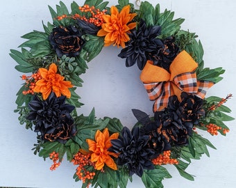 Fall Wreath for Front Door, Autumn Wreath, Fall Wreath, Peony and Dahlia Wreath, Porch Wreath, Fall Farmhouse Wreath, With Ribbon Bow