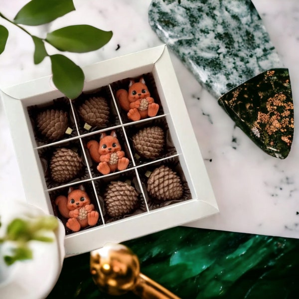 Treat Box - Scoiattolo di cioccolato belga - Regalo unico - Regalo di Natale personalizzato - pino di Natale - figure di cioccolato scoiattolo