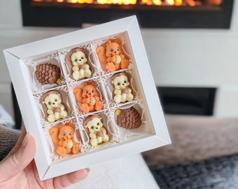 Caja de golosinas - Ardilla de chocolate belga - Regalo único - Regalo de Navidad personalizado - pino de Navidad - figuras de chocolate de ardilla