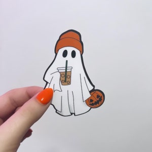 Ghost with Hat and Latte Laminated Vinyl Sticker, Pumpkin Spice Ghost, Handmade, Halloween Sticker, Sticker for Water Bottles and Kindle,