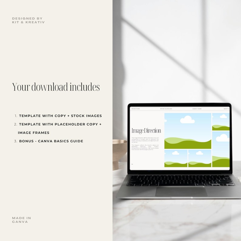May include: A laptop computer screen displaying a Canva design template with the text "Image Direction" and a graphic of green hills and clouds. The text "Designed by Kit & Kreativ" is visible in the upper left corner of the image.