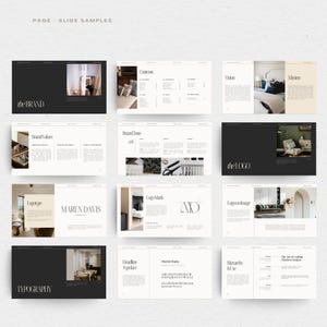 May include: A presentation slide deck with the title "PAGE SLIDE SAMPLES" and the brand name "the BRAND". The slides include sections for brand values, brand tone, the logo, typography, and a headline typeface.