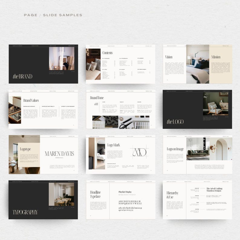 May include: A presentation slide deck with the title "PAGE SLIDE SAMPLES" and the brand name "the BRAND". The slides include sections for brand values, brand tone, the logo, typography, and a headline typeface.