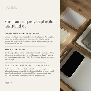 May include: Text on a white background with the words "More than just a pretty template, this was created to..." followed by three bullet points: "Propel Your Business Forward", "Help You Stand Out", and "Give You Creative Control + Confidence". The text is followed by the words "Made in Canva".