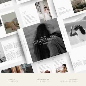 Può includere: Un opuscolo di servizi fotografici in bianco e nero con il titolo "Sutton Miller" e un elenco di servizi che includono "Classico", "Baby Bliss", "Famiglia", "Twenty Twenty Five" e "Investimenti".