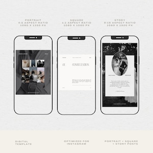 May include: Three mockups of Instagram posts, showing different aspect ratios for portrait, square, and story formats. The portrait post features a collage of black and white photos. The square post has a text overlay that reads "01. CONSULTATION". The story post features a black and white photo of a couple in a circle with text overlay.