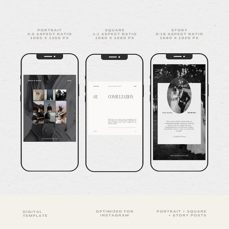 May include: Three mockups of Instagram posts, showing different aspect ratios for portrait, square, and story formats. The portrait post features a collage of black and white photos. The square post has a text overlay that reads "01. CONSULTATION". The story post features a black and white photo of a couple in a circle with text overlay.