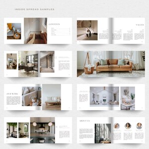 May include: A magazine spread showcasing interior design projects. The magazine features photos of living rooms, kitchens, and bedrooms, with text about the company's work and values.