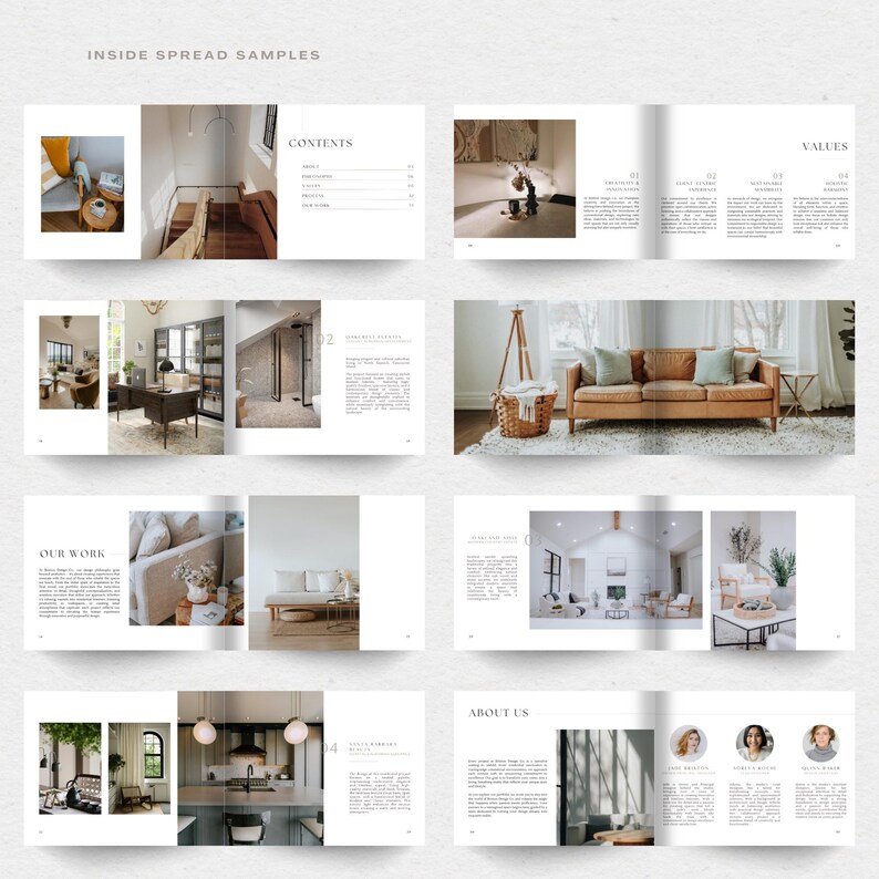 May include: A magazine spread showcasing interior design projects. The magazine features photos of living rooms, kitchens, and bedrooms, with text about the company's work and values.