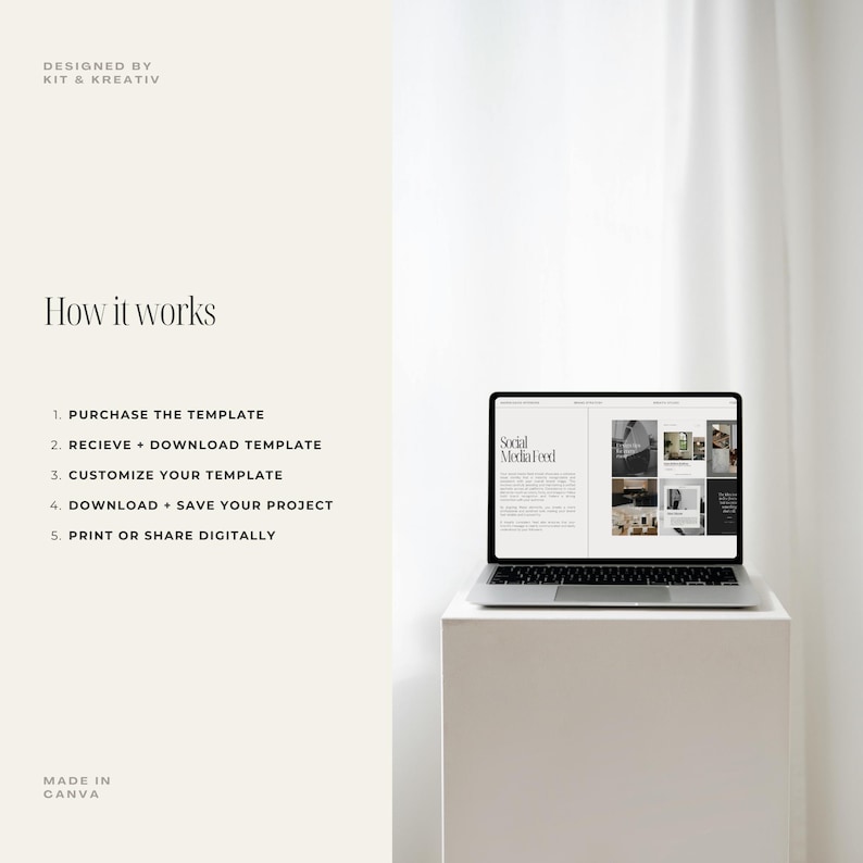 May include: A laptop computer displaying a social media feed template with the text "Social Media Food". The laptop is on a white surface with a white background.
