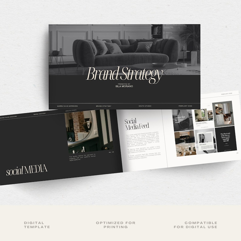 May include: A black and white brochure with the title "Brand Strategy" presented by Isla Morano. The brochure features a photo of a modern living room with a large sofa and a text section titled "Social Media Feed".