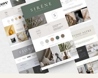 May include: A Canva template for a brand identity kit with a minimalist design. The template features a color palette, typography, and mood board for a beauty and wellness brand called "SIRENE".