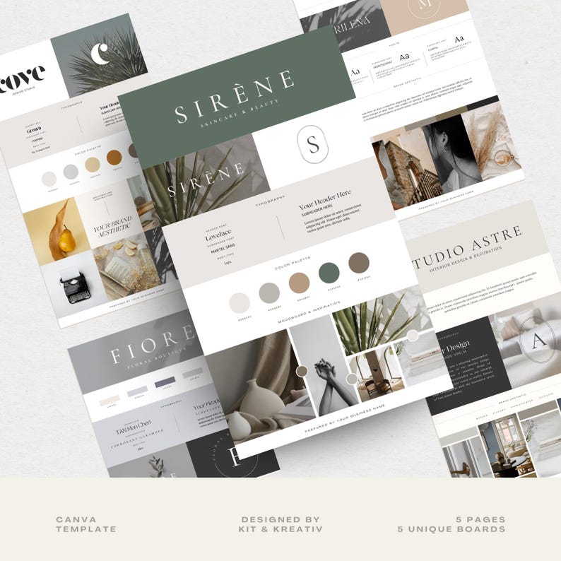 May include: A Canva template for a brand identity kit with a minimalist design. The template features a colour palette, typography, and mood board for a beauty and wellness brand called "SIRENE".