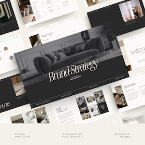 Op de afbeelding: Een verzameling digitale presentatiedia's met een modern ontwerp. De centrale dia toont de tekst "Brand Strategy" met de naam van de presentator. Andere dia's tonen interieurontwerpafbeeldingen en tekst. Het ontwerp is minimalistisch met een zwart-wit kleurenschema.