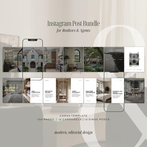 Op de afbeelding: Een digitale Instagram-postbundel-sjabloon voor makelaars, met 100 pagina's, 12 carrousels en 13 losse berichten. Het ontwerp toont diverse lay-outs voor interieur- en exterieurfoto's van woningen met tekstoverlays in een strakke, redactionele stijl.