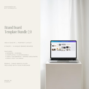 May include: A laptop computer displaying a Canva brand board template bundle. The template is modern and minimal, with a portrait layout. The text on the screen reads "Brand Board Template Bundle 2.0".
