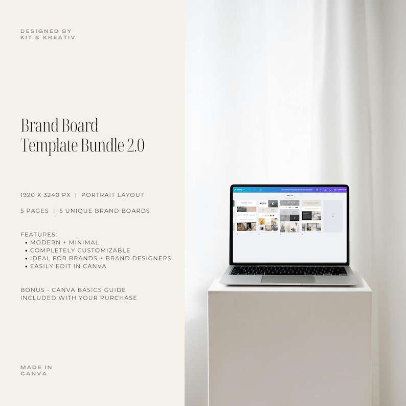 May include: A laptop computer displaying a Canva brand board template bundle. The template is modern and minimal, with a portrait layout. The text on the screen reads "Brand Board Template Bundle 2.0".