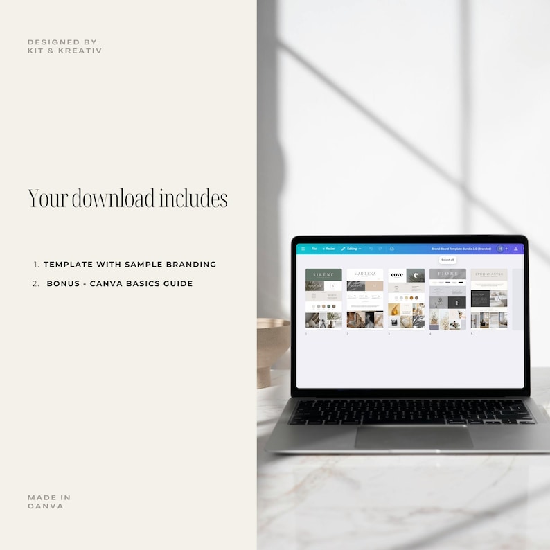 May include: A laptop screen displaying a Canva design template with a variety of branding elements, including logos, fonts, and colour palettes. The text on the screen reads "Brand Board Template for Instagram".
