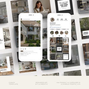 May include: A digital collection of social media templates for real estate agents, featuring two white smartphones displaying Instagram profiles and various post layouts with text overlays like Open House, Just Listed, and My Top Tips for First Time Home Sellers.