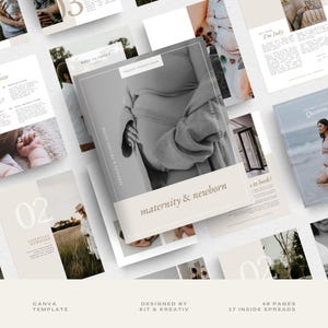 Könnte beinhalten: Eine digitale Planervorlage für Schwangerschafts- und Neugeborenen-Fotografieunternehmen. Das Cover zeigt ein Schwarzweißfoto einer schwangeren Frau in einem langärmeligen Pullover. Der Text "maternity & newborn" ist in goldener Schrift auf cremefarbenem Hintergrund.