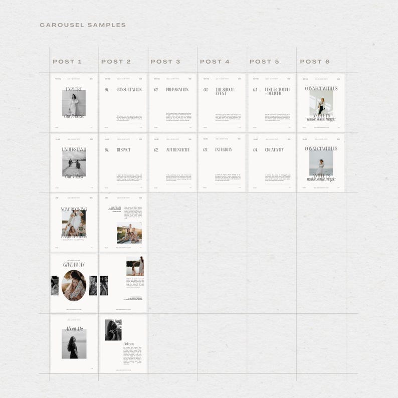 May include: A grid of six Instagram post templates with text and images. The text includes the words "Explore the Process", "Consultations", "Preparation", "The Shoot Day", "The Reveal", "Connect with us". The images include a woman in a white dress, a couple, a woman in a white dress, a woman in a white dress, a woman in a white dress, and a woman in a white dress.