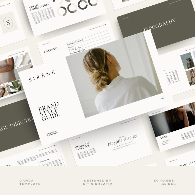 Peut inclure: Un guide de style de marque intitul&eacute; "SIR&Egrave;NE" avec le texte "BRAND STYLE GUIDE" dans un sch&eacute;ma de couleurs blanc et gris. Le guide comprend des sections pour les combinaisons de couleurs, la typographie et la conception du logo.