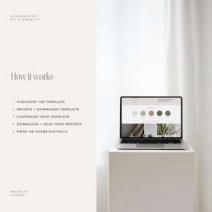 May include: A laptop computer displaying a Canva design template with a colour palette, images, and text. The text on the screen reads "Colour Palette" and "Moodboard & Inspiration". The laptop is on a white pedestal in front of a white wall.