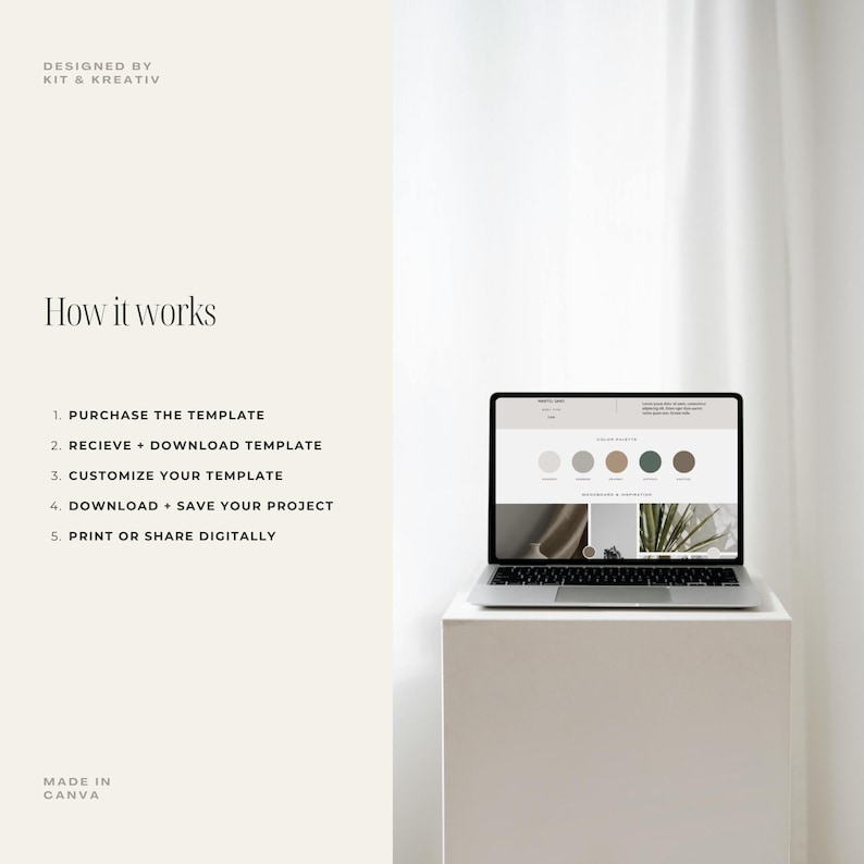 May include: A laptop computer displaying a Canva design template with a colour palette, images, and text. The text on the screen reads "Colour Palette" and "Moodboard & Inspiration". The laptop is on a white pedestal in front of a white wall.