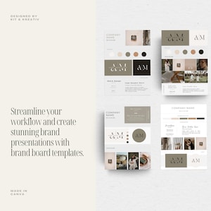 May include: A set of brand board templates for a company named "AM". The templates feature a logo with the initials "AM" in a minimalist style, a color palette with beige, brown, and white, and a selection of images. The text "Streamline your workflow and create stunning brand presentations with brand board templates." is included on the page.