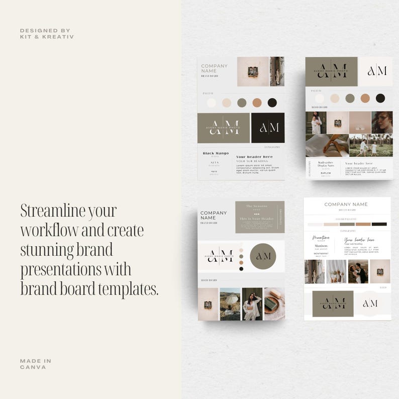 May include: A set of brand board templates for a company named "AM". The templates feature a logo with the initials "AM" in a minimalist style, a color palette with beige, brown, and white, and a selection of images. The text "Streamline your workflow and create stunning brand presentations with brand board templates." is included on the page.