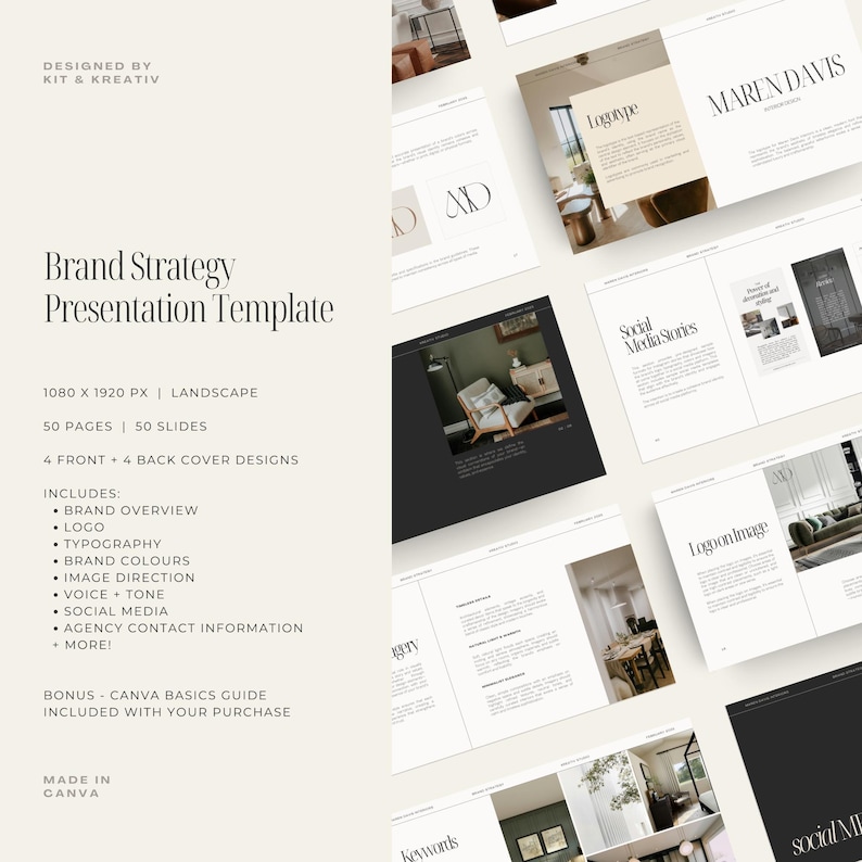 May include: A presentation template for brand strategy, featuring a minimalist design with a neutral color palette. The template includes 50 slides and covers topics such as brand overview, logo, typography, brand colors, image direction, voice and tone, social media, and agency contact information. The template is designed for use with Canva.