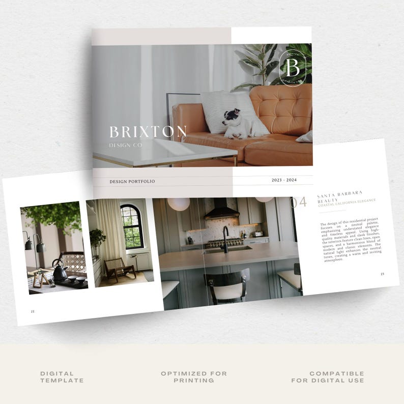 May include: A design portfolio showcasing interior design projects. The portfolio features a modern kitchen with white cabinets and a gray island, a living room with a brown leather sofa and a white dog, and a text description of the Santa Barbara Beauty project. The portfolio is labeled "BRIXTON DESIGN CO" and "DESIGN PORTFOLIO".