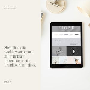 May include: A digital mockup of a brand board template for a floral boutique called "Fiore". The template includes a colour palette, logo, and typography examples. The text "Fiore Floral Boutique" is displayed at the top of the template.