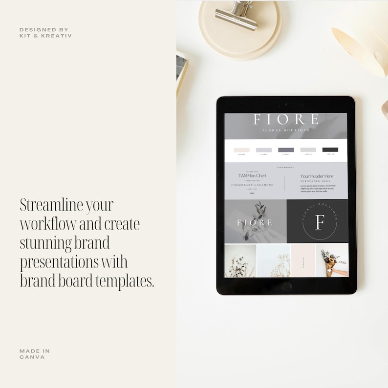 May include: A digital mockup of a brand board template for a floral boutique called "Fiore". The template includes a colour palette, logo, and typography examples. The text "Fiore Floral Boutique" is displayed at the top of the template.