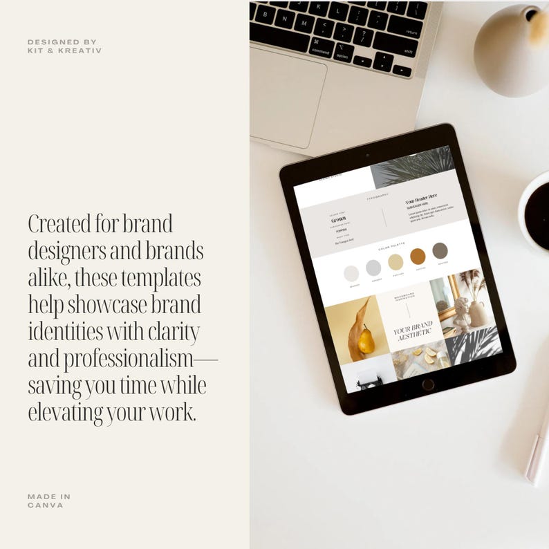 May include: A tablet screen displaying a brand aesthetic template with a colour palette, typography, and imagery. The text "Your Brand Aesthetic" is visible on the screen. The tablet is on a white surface with a laptop and a cup of coffee.