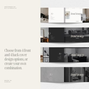 May include: Four different cover designs for a brand strategy booklet. Each cover features a different image and the text "Brand Strategy" in a white sans-serif font. The text "AD" is also present on each cover in a serif font.