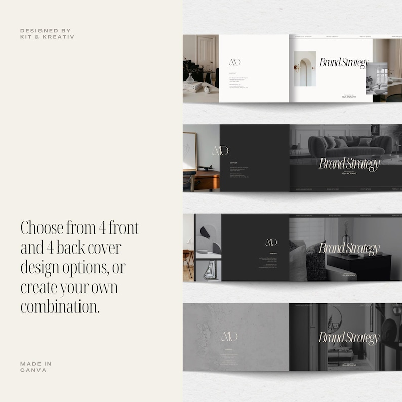 May include: Four different cover designs for a brand strategy booklet. Each cover features a different image and the text "Brand Strategy" in a white sans-serif font. The text "AD" is also present on each cover in a serif font.