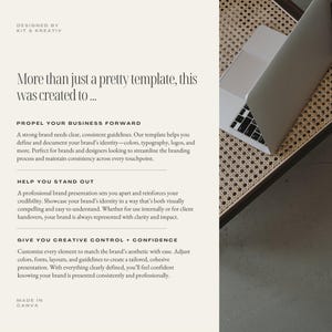 Peut inclure: Un ordinateur portable blanc sur une surface en osier tress&eacute;. Le texte &agrave; l'&eacute;cran indique "Plus qu'un simple mod&egrave;le attrayant, celui-ci a &eacute;t&eacute; cr&eacute;&eacute; pour..." avec les sous-titres suivants : "Propuls&eacute; votre entreprise vers l'avant", "Vous aider &agrave; vous d&eacute;marquer", "Vous donner un contr&ocirc;le cr&eacute;atif + confiance", et "Fabriqu&eacute; avec Canva".