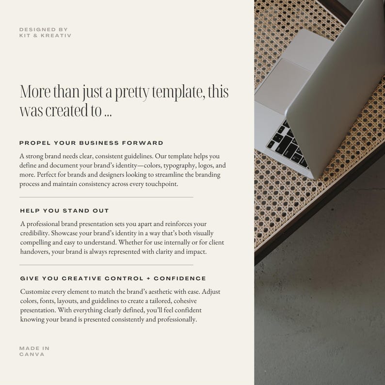 Peut inclure: Un ordinateur portable blanc sur une surface en osier tress&eacute;. Le texte &agrave; l'&eacute;cran indique "Plus qu'un simple mod&egrave;le attrayant, celui-ci a &eacute;t&eacute; cr&eacute;&eacute; pour..." avec les sous-titres suivants : "Propuls&eacute; votre entreprise vers l'avant", "Vous aider &agrave; vous d&eacute;marquer", "Vous donner un contr&ocirc;le cr&eacute;atif + confiance", et "Fabriqu&eacute; avec Canva".