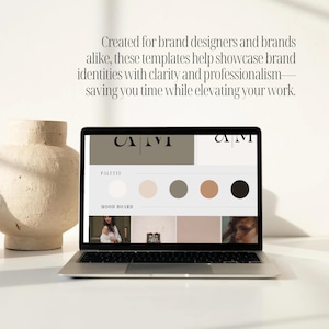 May include: A laptop screen displaying a website with a brand identity template. The template includes a color palette and mood board with images. The website header displays the text "CIVI" and "CAM".
