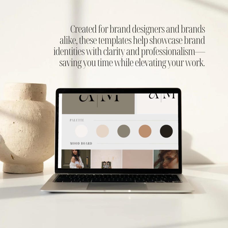 May include: A laptop screen displaying a website with a brand identity template. The template includes a color palette and mood board with images. The website header displays the text "CIVI" and "CAM".