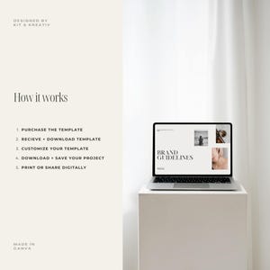 Peut inclure: Un ordinateur portable affichant une maquette de document de directives de marque avec le texte "BRAND GUIDELINES". L'ordinateur portable est pos&eacute; sur une surface blanche avec un fond blanc.