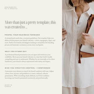 May include: A white and brown graphic design template with the text "More than just a pretty template, this was created to..." and "Propel Your Business Forward" with a description of the benefits of using the template. The template is designed to help businesses create a strong brand identity and stand out from the competition.
