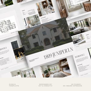 Op de afbeelding: Een Canva-sjabloon met interieurontwerpconcepten. De lay-out bevat afbeeldingen van kamers, plattegronden en belangrijke kenmerken. De tekst bevat "1809 Juniper Ln", "Boulevard Realty Presents" en "Designed by Kit & Kreativ."