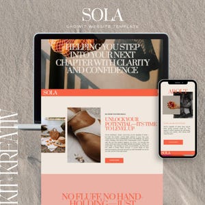 Puede incluir: Una maqueta digital de una plantilla de sitio web en una tableta y un teléfono inteligente. El diseño del sitio web presenta una combinación de colores melocotón y blanco con el texto "SOLA" y "UNLOCK YOUR POTENTIAL - IT'S TIME TO LEVEL UP".