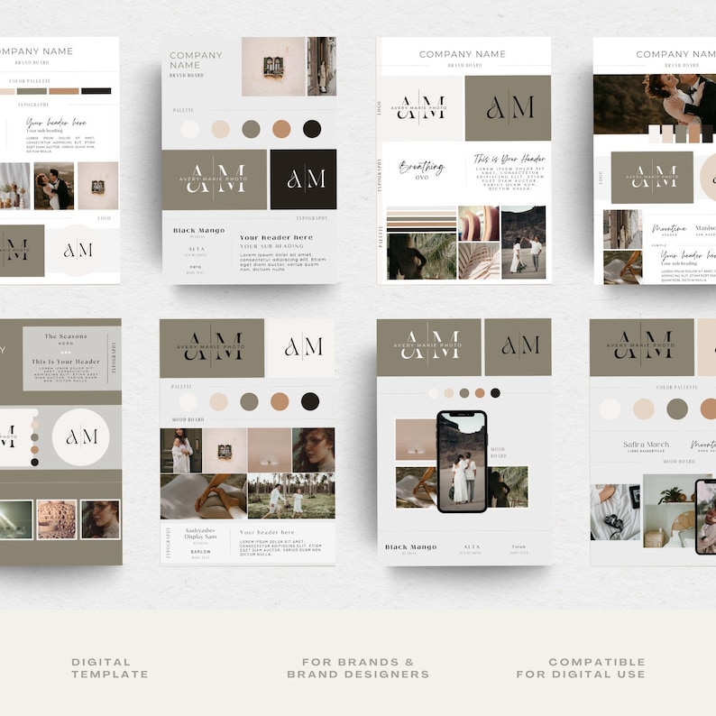May include: A digital template for branding and brand designers. The template features a logo with the initials "AM" in a modern, minimalist style. The template also includes a color palette, a mood board, and a phone mockup. The template is compatible for digital use.